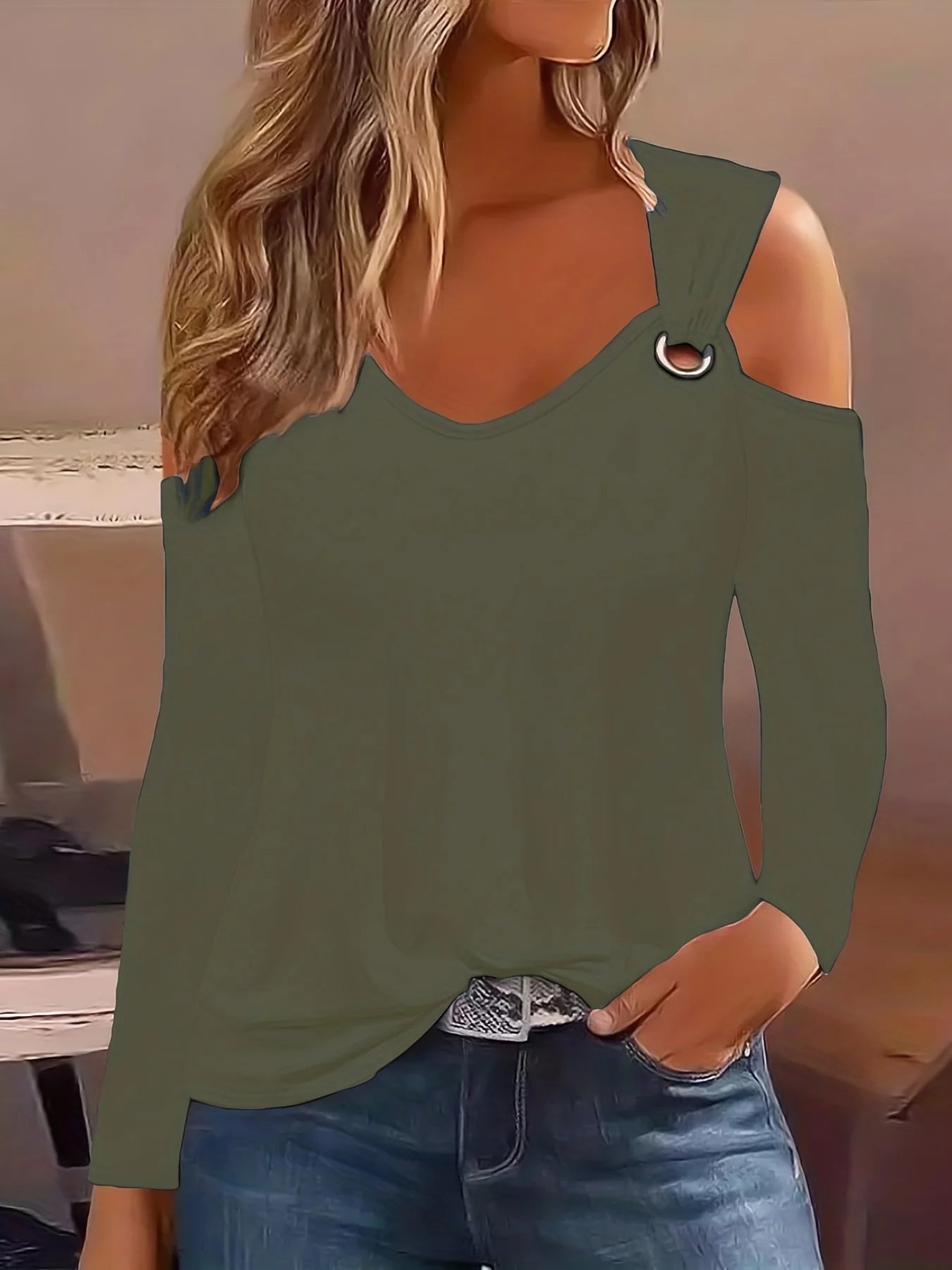 Plus Size Simple Metal Button V-neck New Fashion Sexy Women Casual  Pullover Top.