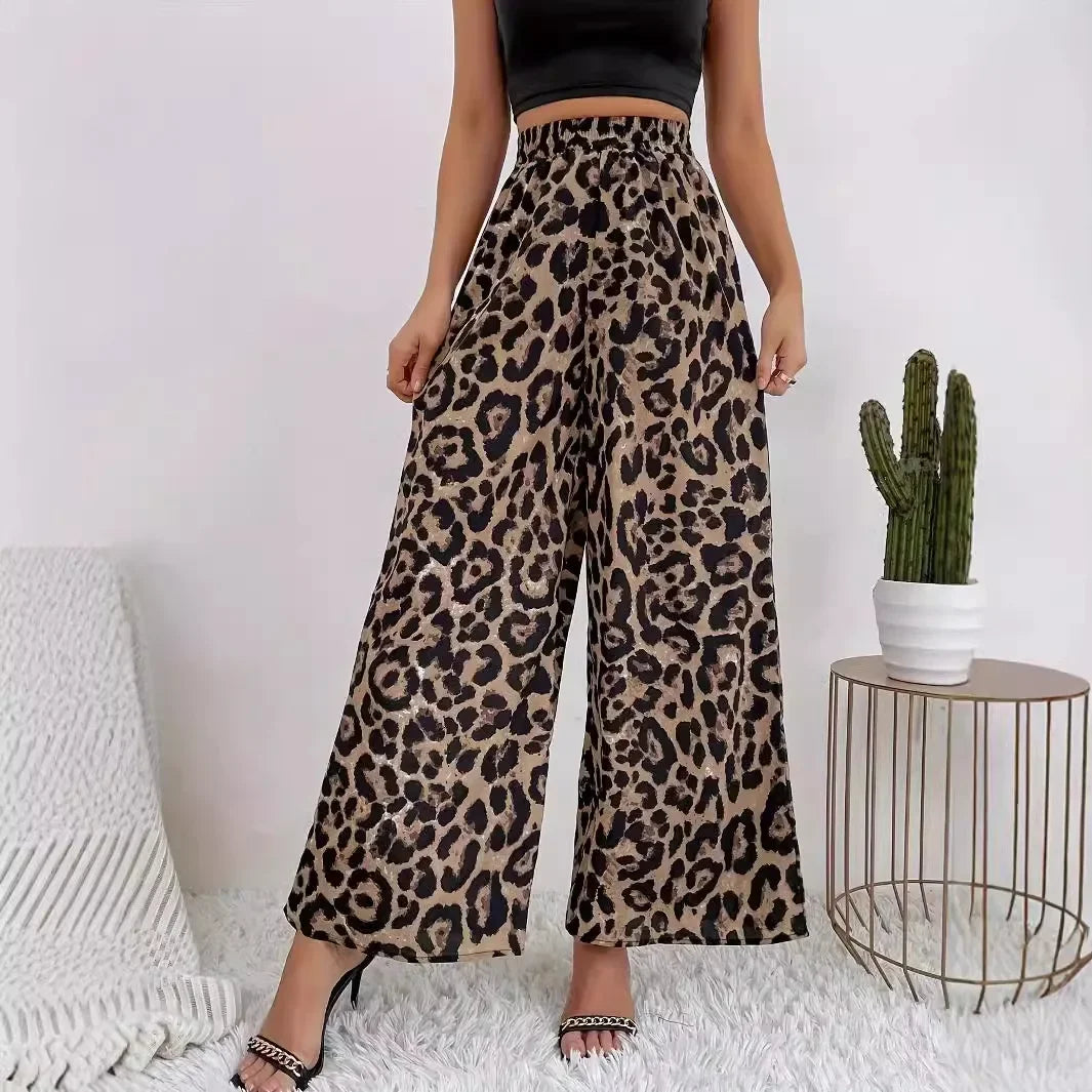 Fashionable Leopard Printed Elastic Waist Loose-Fit Casual Bell Bottoms.  S-2xL