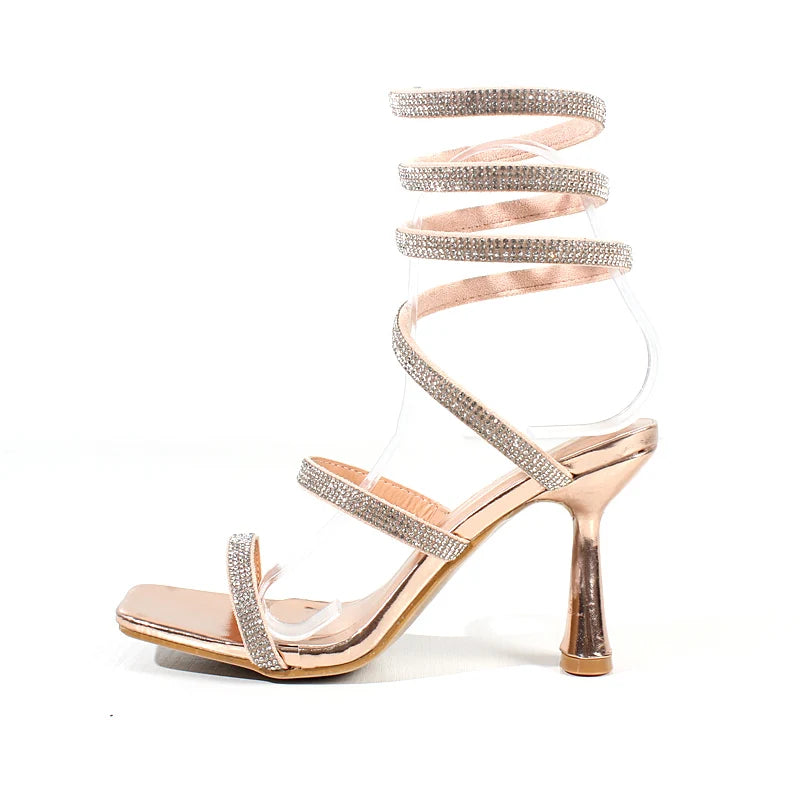 Fashion Women Sandals Summer New Crystal Snake Ankle Around Heels Stiletto Sexy Party Women's Sandals 9CM