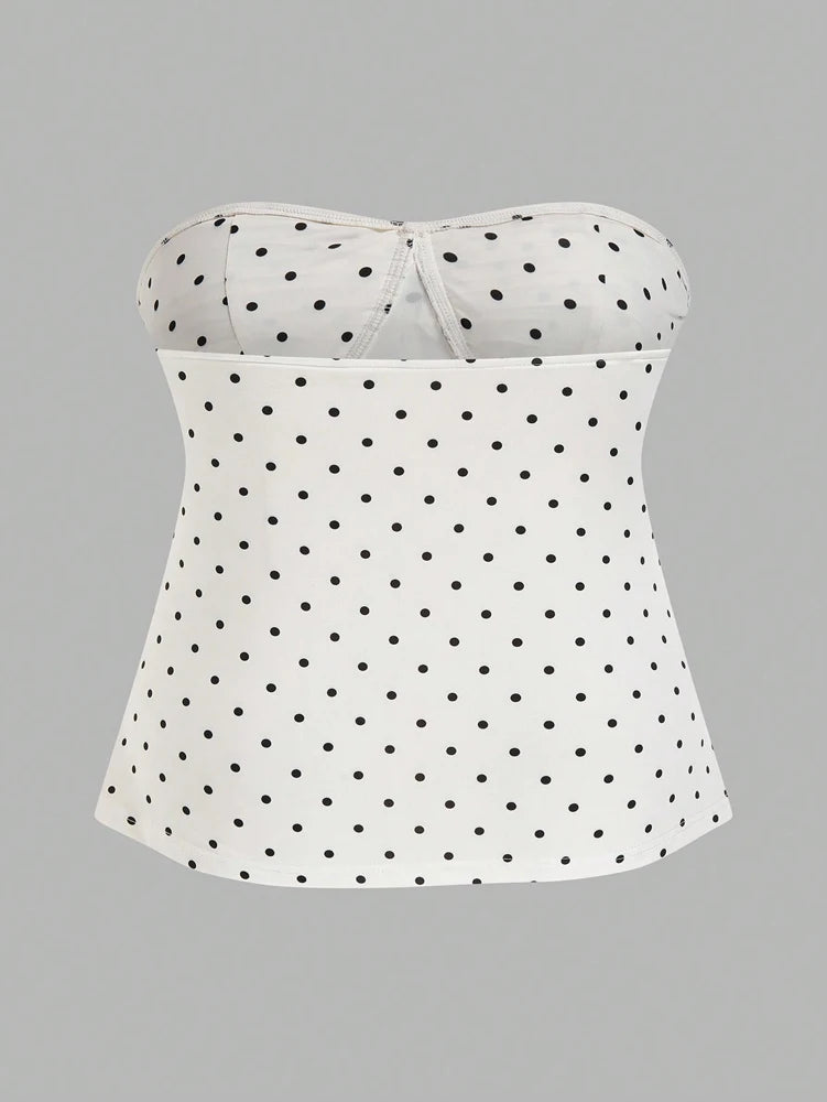 Plus Size Women's 2025 Summer New Sleeveless Retro Polka Dot Bow Bandeau Blouse .
