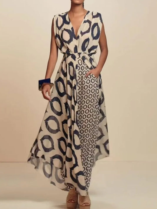 Boho Two-piece Women's Elegant Printed Sleeveless V-Neck Lace Loose Pants Suit