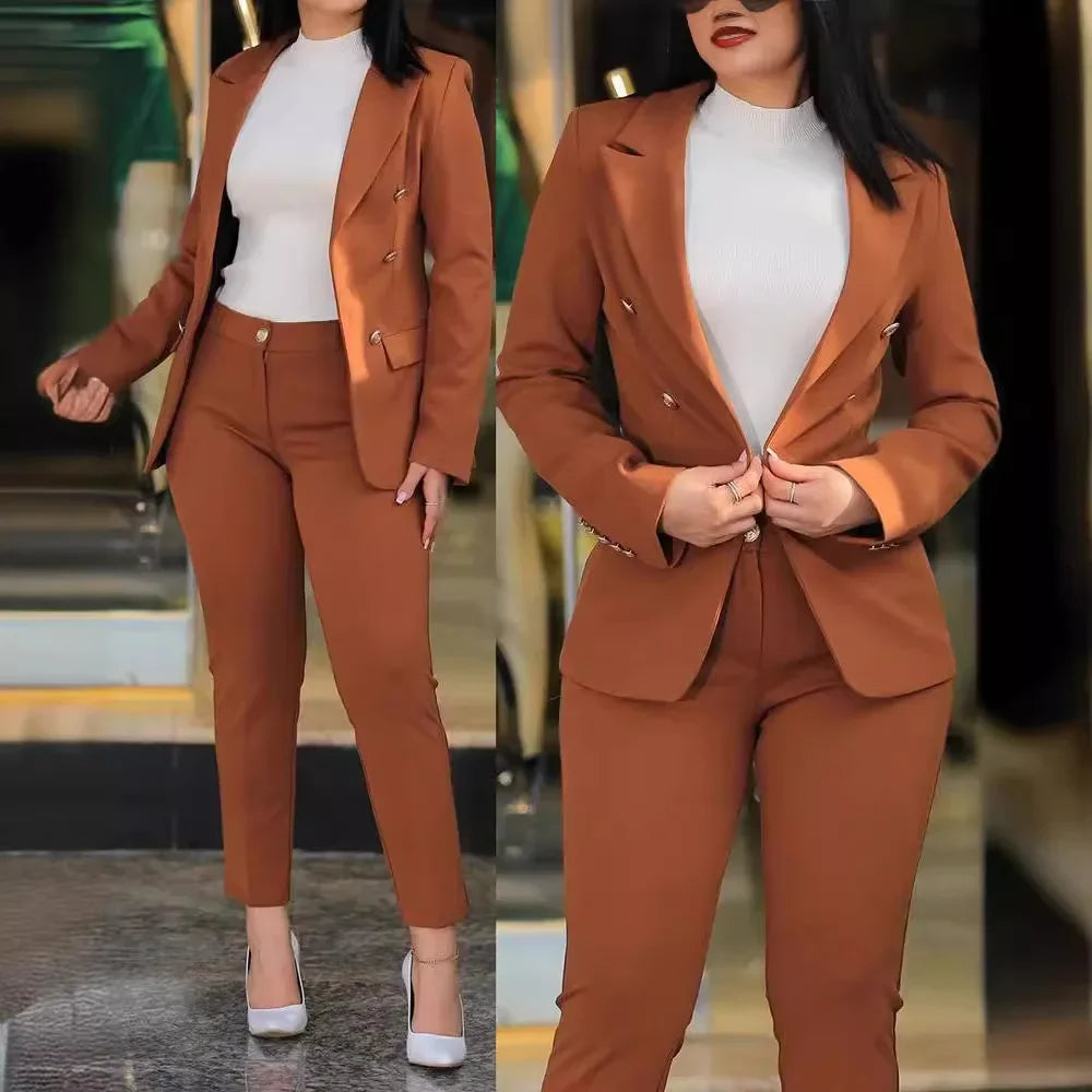 2pcs Women Clothing Set Long Sleeve Blazer Jacket & High Waist Pencil Pants Solid Colour