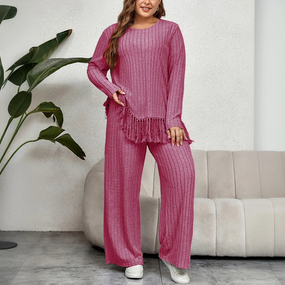 Plus Size 2 Piece Women Pants Set Loose Ribbed Long Sleeve Tassel Irregular Hem Top And Pants