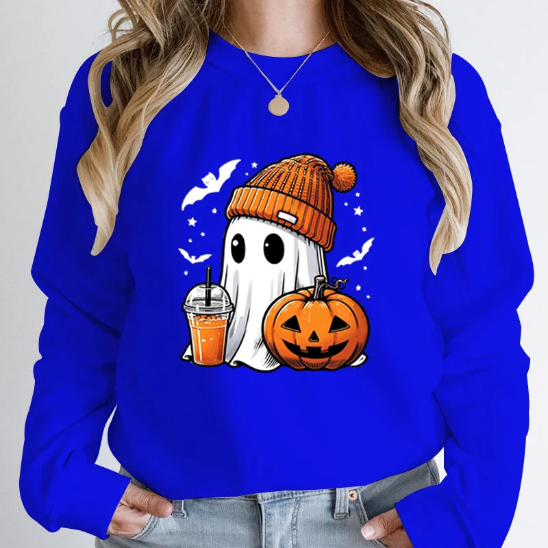 Unisex Fashion Halloween Ghost Pumpkin Bat Print Pullover Ladies Long Sleeve Halloween Sweatshirts.   S-2X