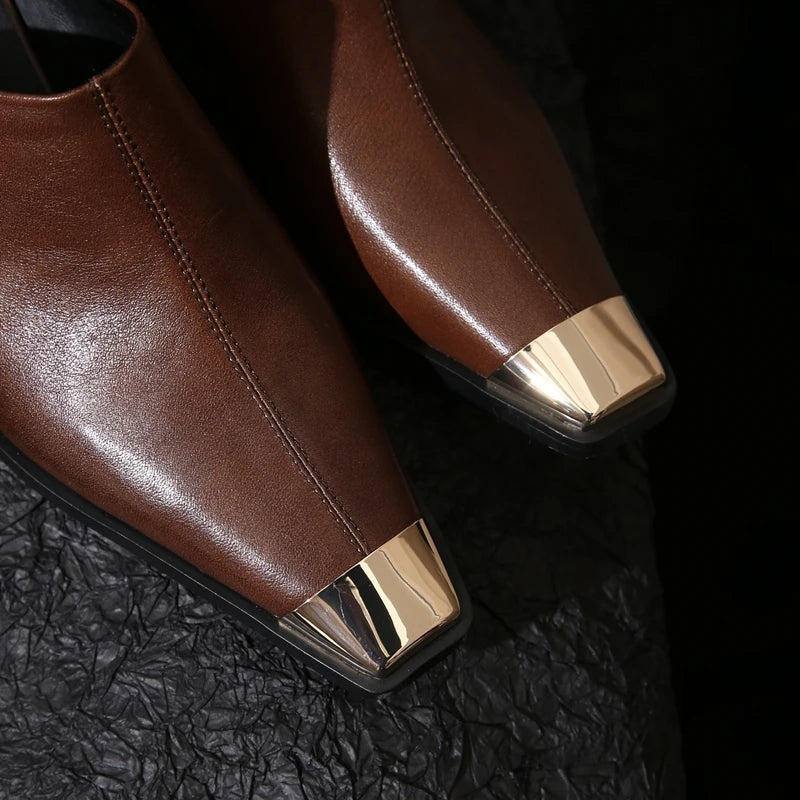 Women's New Summer Metal Headed Genuine Leather Cowhide Large Square Headed Retro Muller Slip on Shoe