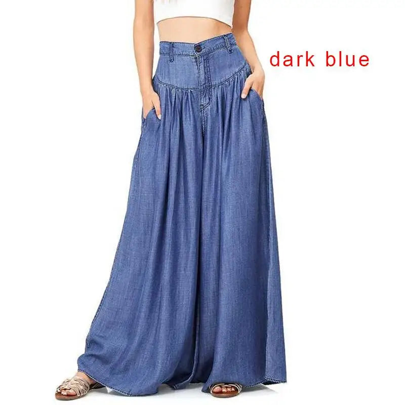 Ladies Casual Cotton Linen Jeans Fashion Solid Colour Wide Leg High Waist Long Pants.