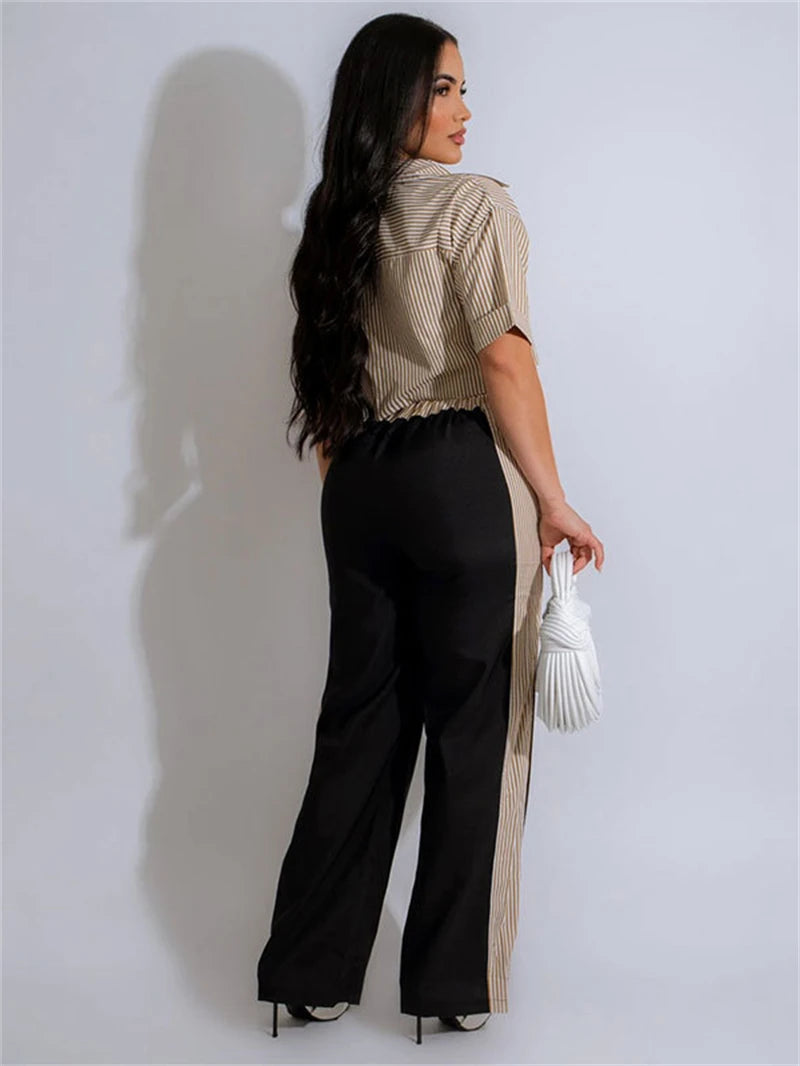 Fashion 2 Piece Women Outfit Striped Shirt Top and Pant Set Casual Sporty Suit.  S-2X