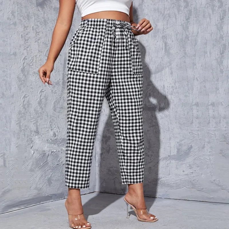 Curvy Size Gingham Summer Casual Tapered Pants Elastic Waist Pocket Front ,Ankle Length Straight Pants