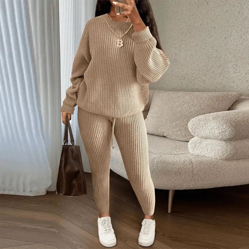 Two Piece Women Autumn Fashion Casual Solid Round Neck Pullover Loose Pit Knitted Sweater Pants Suit.  S-3XL
