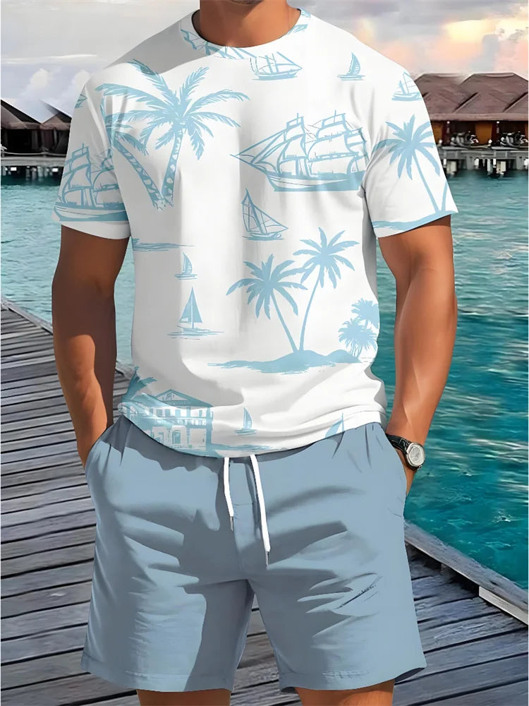 Summer 2 Piece Casual Everyday Men's Short Sleeve Shorts Set Hawaiian Print Men's Beach Shorts Sets.  XS-6X