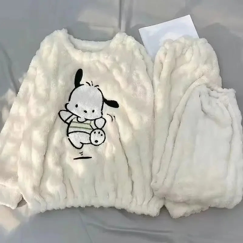 Hello Kittys Women's Coral Fleece Plush Pajamas Set Sanrioed Autumn Winter Pajamas Thickened Warm Home Clothes Loose Fitting.  S-5X