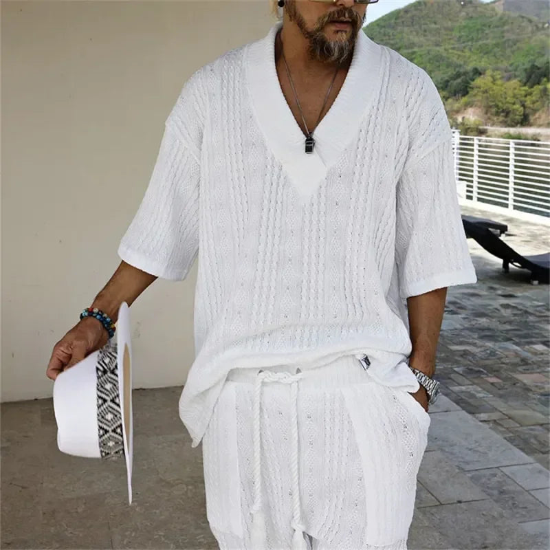 Mens High Quality Summer Casual Knitted Two Piece V-Neck Short Sleeve T-shirt and Shorts.  Sizes S-3XS