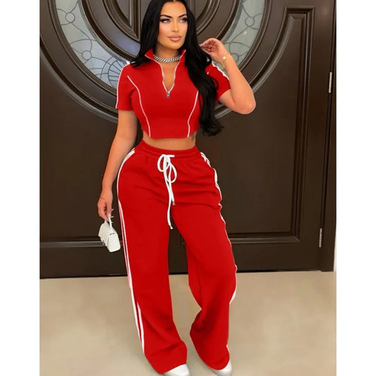 Fashion Casual Short Hoodie 2 Piece Women Short Sleeved Sport Shirt Stripe Splicing Long Pant Suit.  S-2X