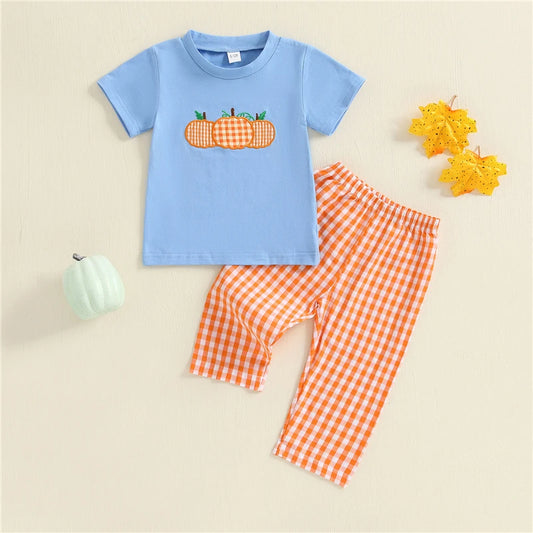 Toddler Baby Girls Boys Halloween Outfit Pumpkin Embroidered Short Sleeve T-shirts Plaid Elastic Waist Pants 2 Piece Set