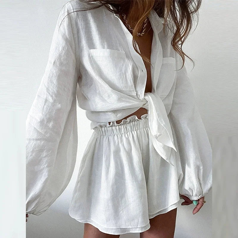 2025 Women's Summer 2-Piece Outfit Long Sleeve Button-Down Loose Blouse And Shorts Comfortable Style.  S-3xL