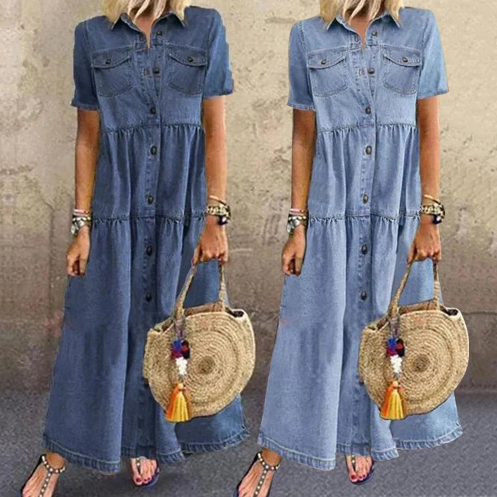 Retro Women Dress Short Sleeve Turn Down Collar Pockets Button Long Loose Denim Long Dress.  S-3X