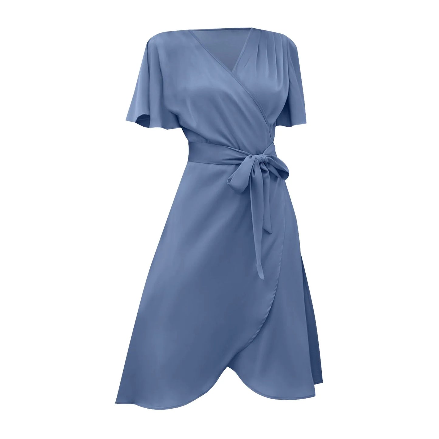 Elegant Ladies Summer Sale Satin V Neck Slim Waist Dress Bell Sleeve Summer Dress For Women . S-2X