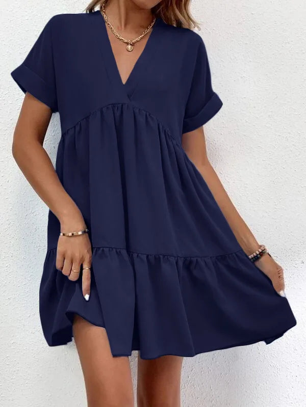 Women's Casual Short Skirt Fresh  Sweet V-neck Cake Solid Color Big Swing Elegant Summer New Solid Color Holiday Mini Dress