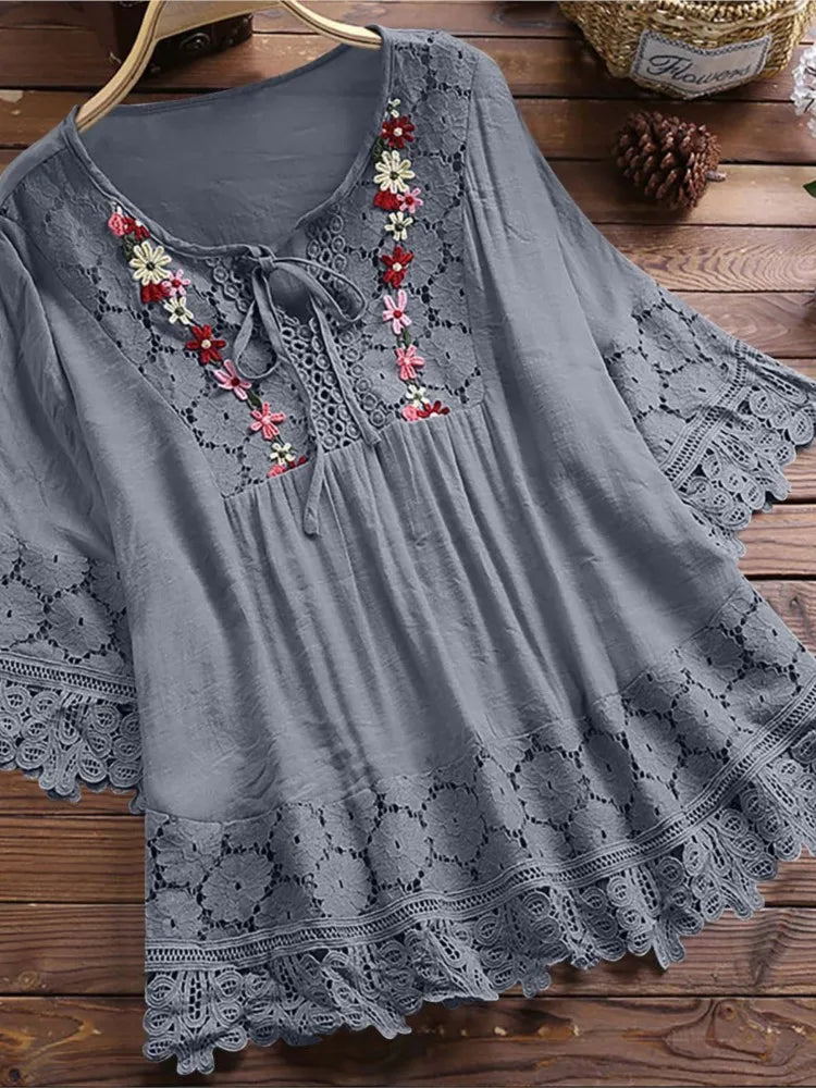 Ladies Solid Cotton And Linen Stitching Lace Flower V-neck Loose Fit Blouse.