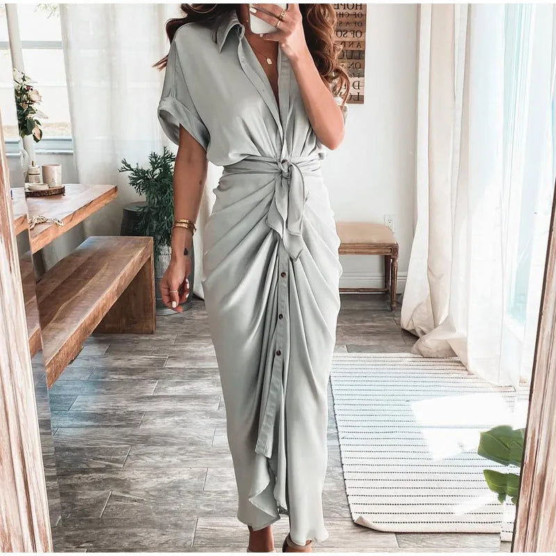 Summer Fashion Printed Short Sleeve Dress Vintage Waist Tie-up Button Bandage Long Dress.  S-3x