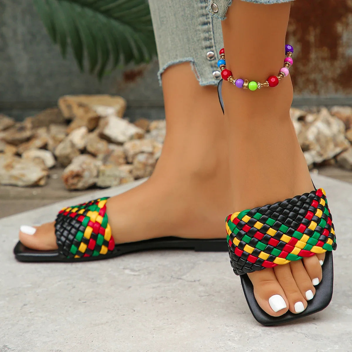 Women Summer Fashion Mules Casual Braided Square Toe Flat Sandals -Slides .
