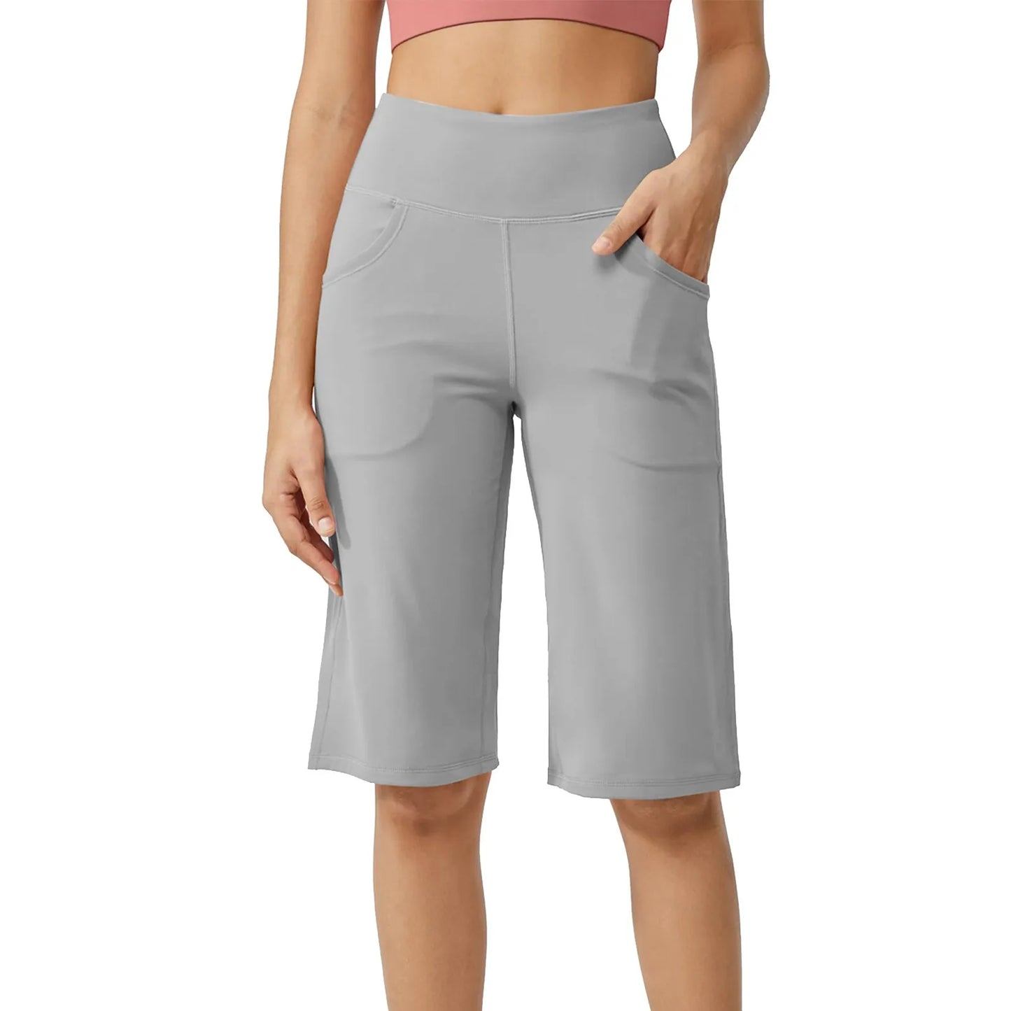 Women Elastic High Waist Casual Active Fit Wide Capri Leg Yoga Knee Length With Pockets.  S-3x