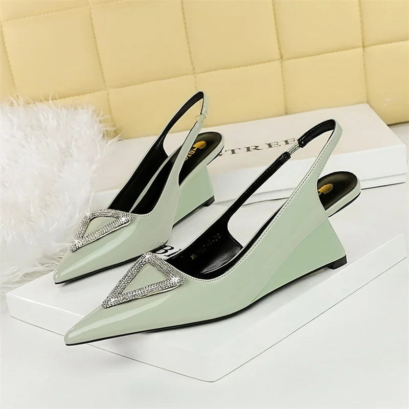 Women Wedge Shoe High Heel Pointed Toe, Back Straps Patent Leather Triangle Metal Crystal Buckle Pumps