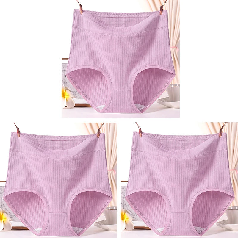 3pcs Ladies Plus Size High Quality Cotton Panties High Waist Breathable Briefs Solid Colour.