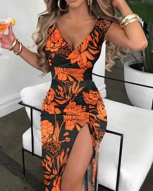 2025 Summer Floral Print Sexy V-Neck High Slit Sleeveless Casual Tight Fitting Long Dress.  Sz: S-xxxL