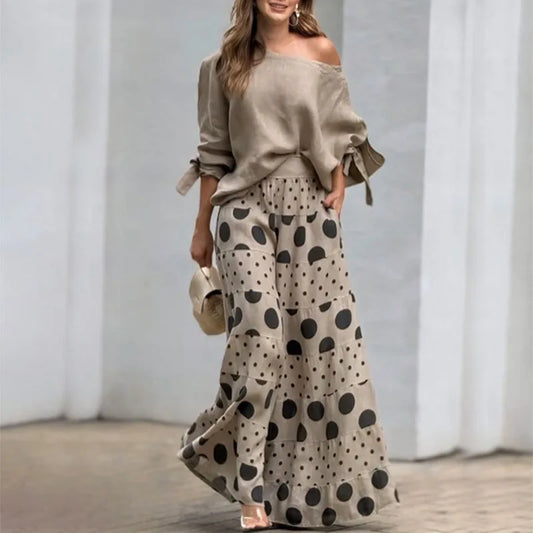 Ladies Spring And Summer Elegant Fashion Print Two-Piece Set Casual Off-Shoulder Long-Sleeve Solid Top.