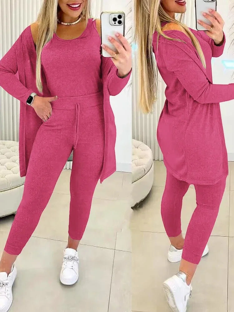 Fall Three Piece Set 2025 Casual Tank Top & Drawstring Pants Set & Coat Matching 3 Pieces Sport Wear.    S-2X