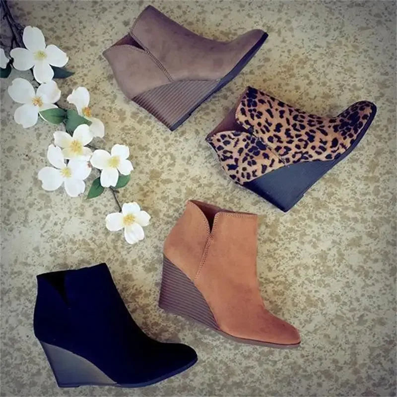 Women Booties Leopard Ankle Platform Heel Wedge Shoe.