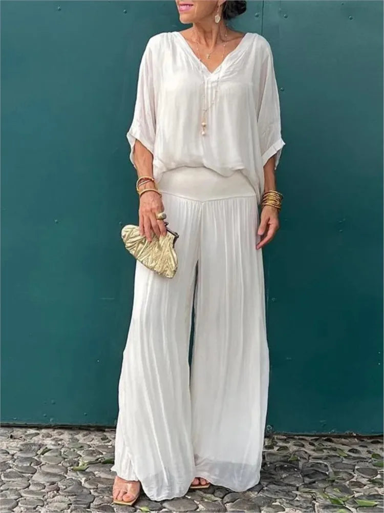 Women's Sexy V-neck Short Sleeved Top And Wide Leg Pant Set Chiffon Casual Loose Outfit.  S-3X