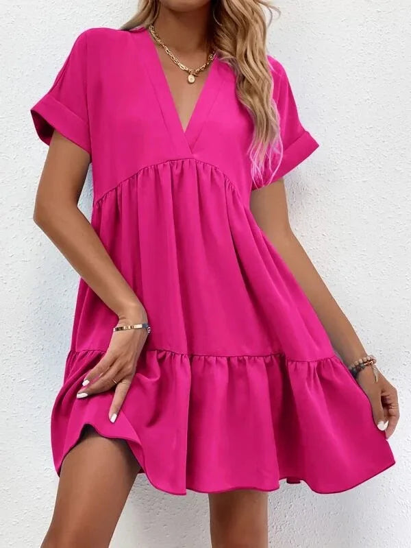 Women's Casual Short Skirt Fresh  Sweet V-neck Cake Solid Color Big Swing Elegant Summer New Solid Color Holiday Mini Dress