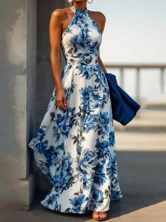 Floral Halter A-Line Dress - Sleeveless Summer Maxi