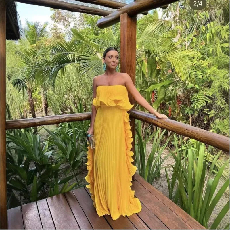 Trendy Women Summer Holiday Dress Pleated Chiffon Long Formal Dress ruffled Strapless Party Dress.  S-2X