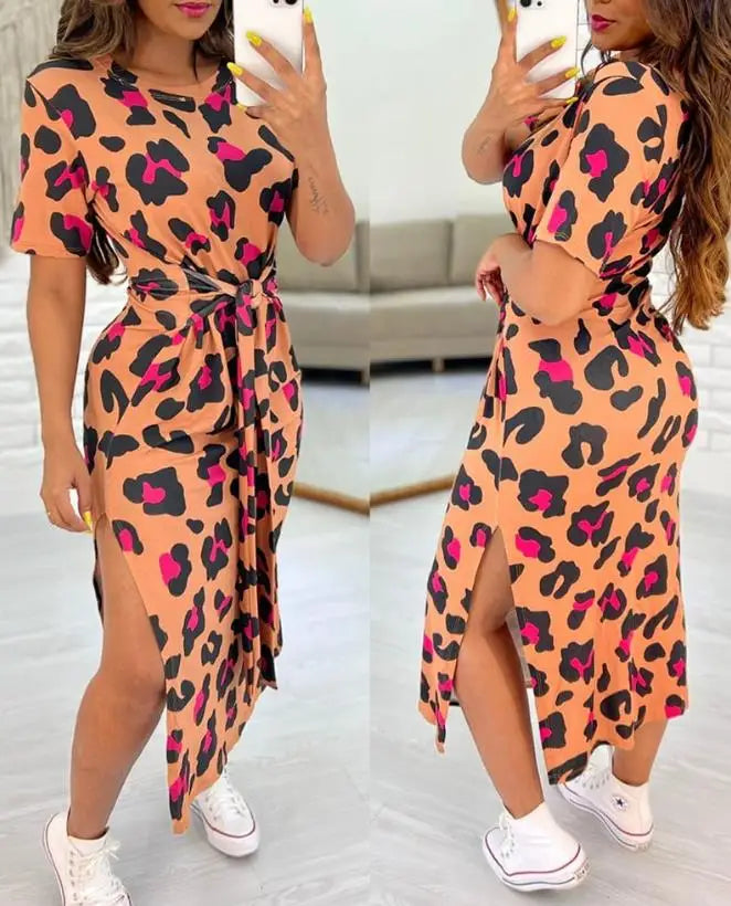 Summer Casual Sexy Elegant Dress Leopard Knotted + Slit Casual Dress.  S-XL