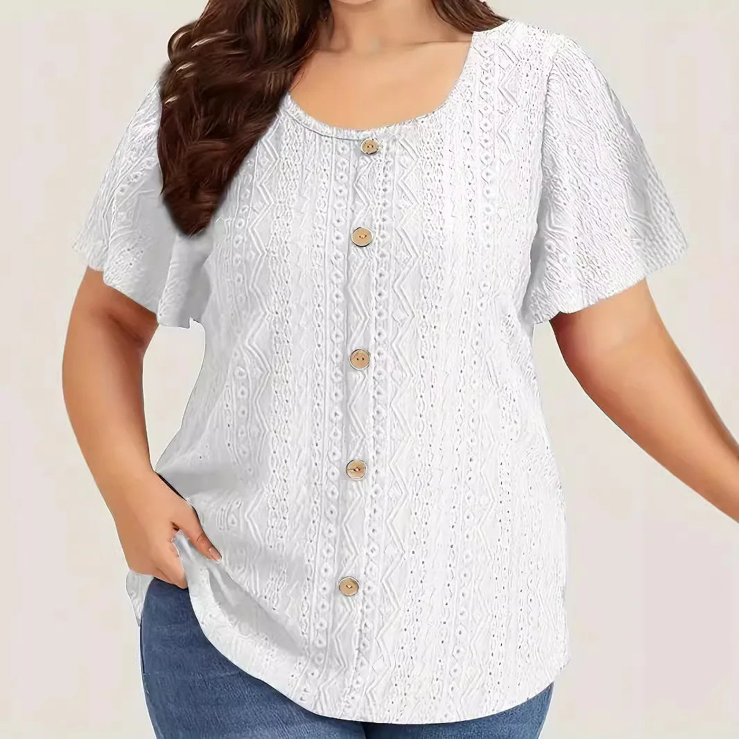 Plus Size Summer Women Shirt Elegant Casual Solid Short Sleeve Loose Fit Button Top