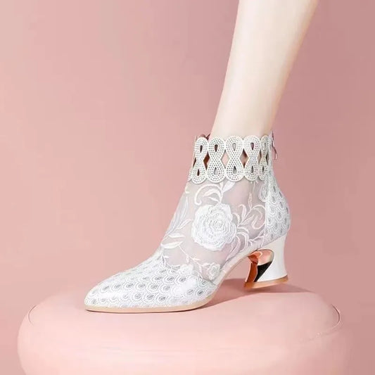 Women's Flower Embroidery Mesh Shoe Back Zip Solid Sandals Non-slip Shoes Thick Heel