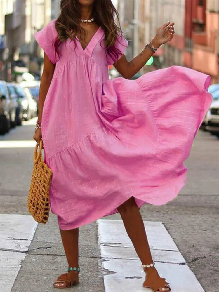 V-Neck Short Sleeved Loose Dress Women's Solid Colour Vacation Dresses Summer Casual A-Line.