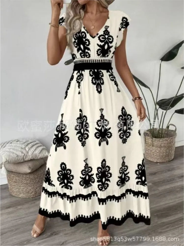 Women's Print Dress Summer Fashion High Waist Slim Body Casual V Neck Swing Elegant Ladies Long Dress.  S-XL
