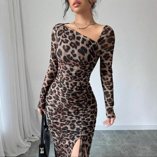 Sexy Leopard Print Fashion Ruffled Sexy Slit Party Dress For Women.  S-XL