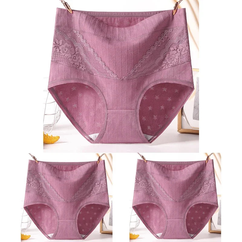 3pcs Curvy Size High Quality Cotton Underwear Lace High Waist Breathable Solid Colour.