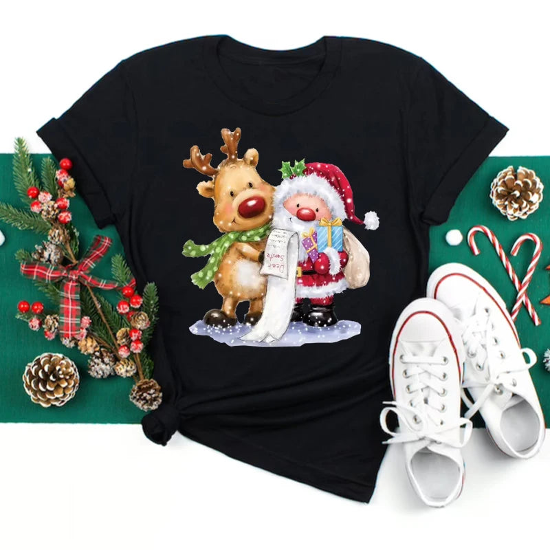 Women's Kawaii Christmas Top - Santa Claus & Deer O-Neck Y2K T-Shirt.  S-3X