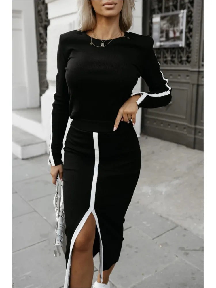 2025 Elegant Sexy Slit Skirt Outfit Long Sleeve Matching Casual Ladies Suit.  S-XL