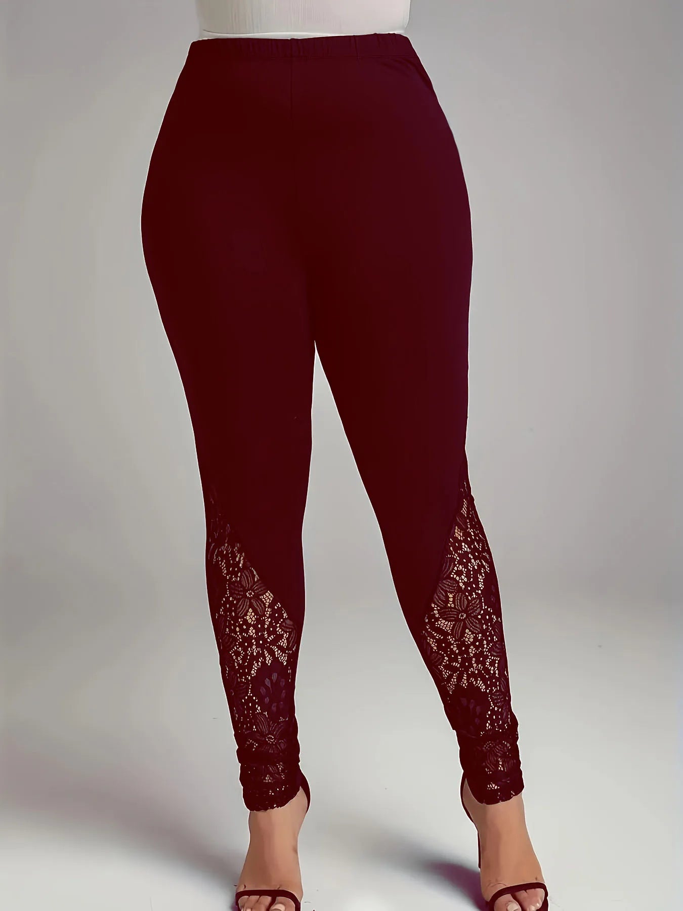 Plus size  Women's leggings with lace patchwork and contrasting hollow out design, slim fit and slimming pants.  L-8x