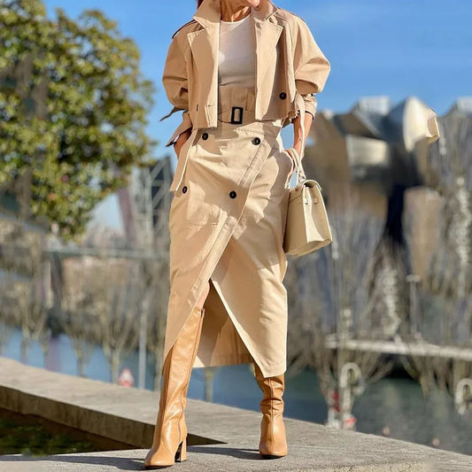 Women's Two-Piece Long-Sleeved Cardigan Turn-down Collar, High Waist Split Skirt Slim Fit.  S-xxL