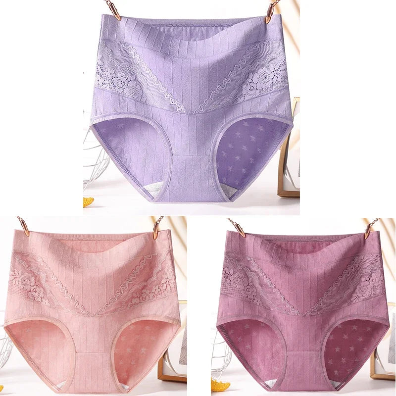 3pcs Curvy Size High Quality Cotton Underwear Lace High Waist Breathable Solid Colour.