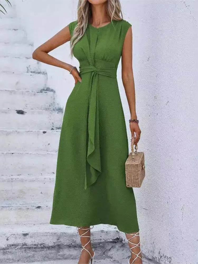 Women's Summer Solid Color Waistband Long Sleeveless Slim Elegant Dress 2025.   S-2X