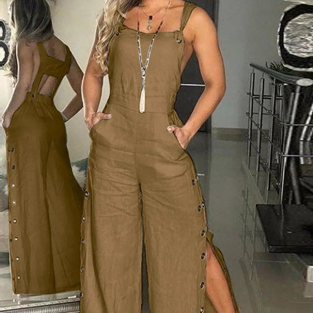 Women's Sleeveless Wide Leg Jumpsuit with Side Pockets And Button Closure Solid Colour Loose Fit Romper .  S-2x
